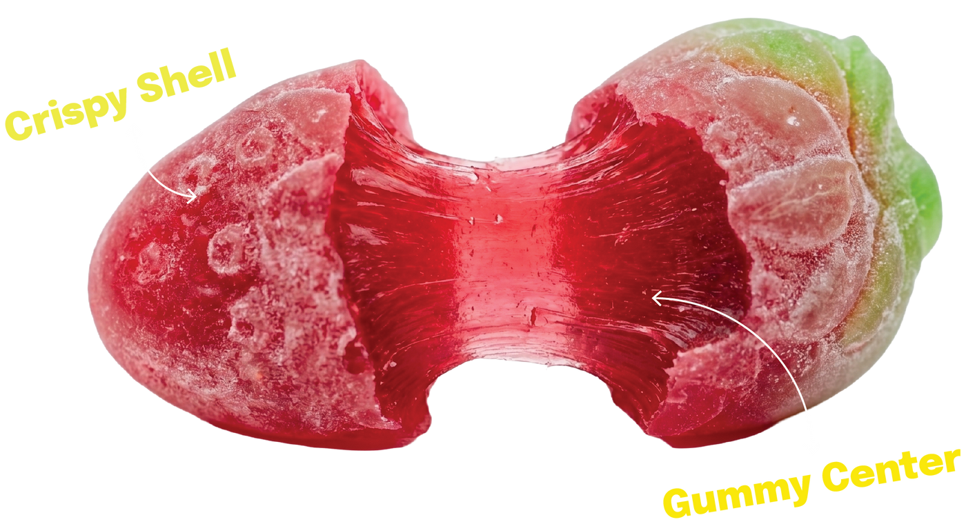 Crispy Gummy texture reveal showing the crispy shell and gummy center